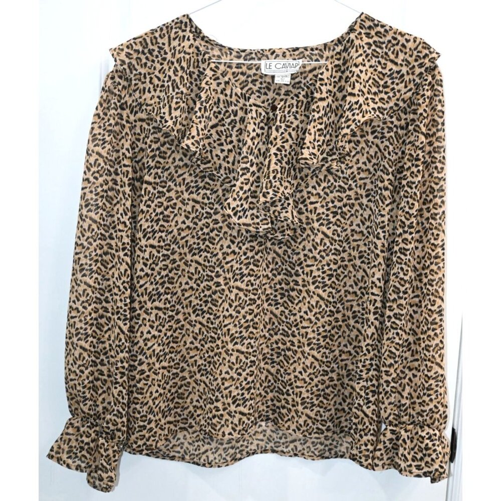 Le Caviar Womens Long Sleeve Cheetah Print Blouse Size Large